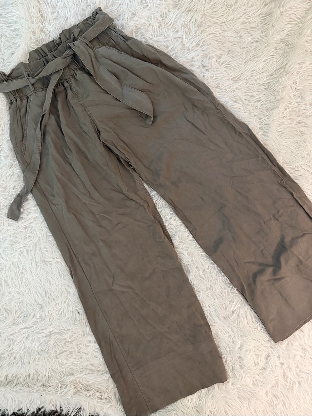 Olive Green Paper Bag Wide Leg Pants Medium Elastic Waist Tie Front